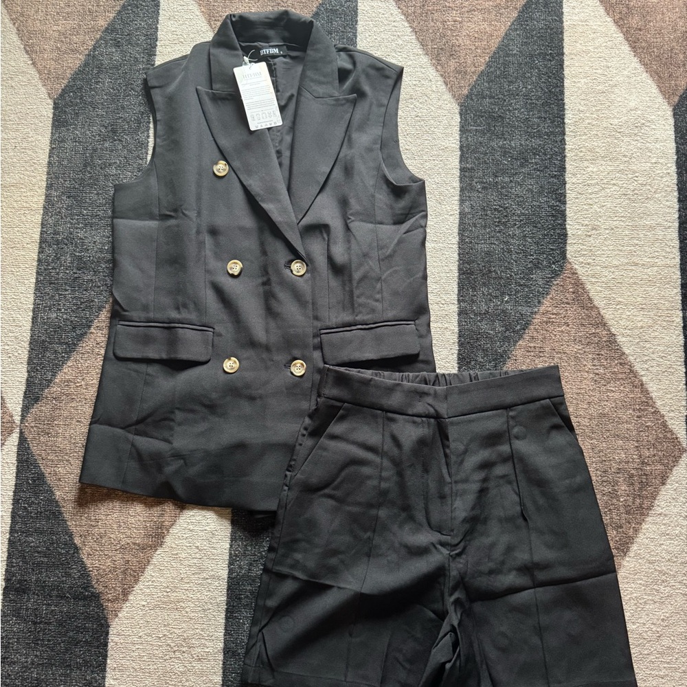 NWT - Black Double-Breasted Vest and shorts Set